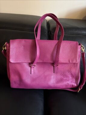 Women's Hot Pink Leather Laptop Tote with Removable Strap